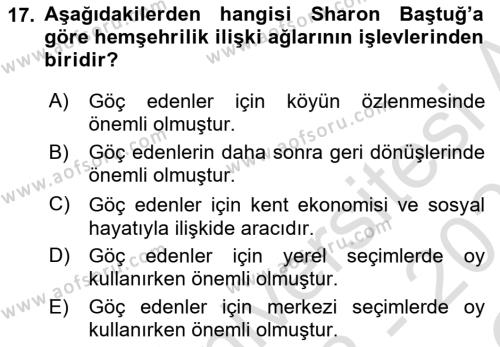 Kent Sosyolojisi Dersi 2022 - 2023 Yılı Yaz Okulu Sınavı 17. Soru