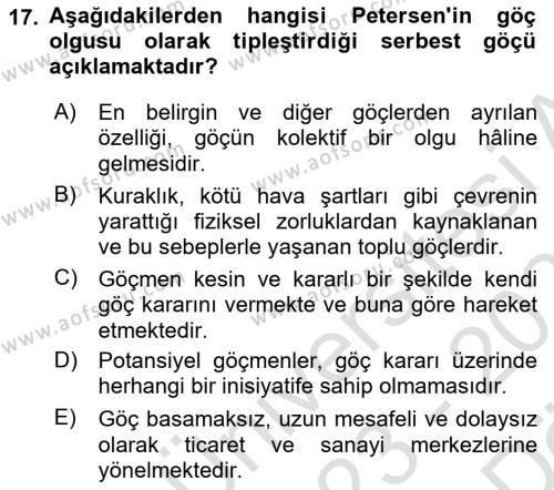 Kent Sosyolojisi Dersi 2023 - 2024 Yılı (Vize) Ara Sınavı 17. Soru