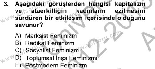 Toplumsal Cinsiyet Çalışmaları Dersi 2012 - 2013 Yılı (Vize) Ara Sınavı 3. Soru