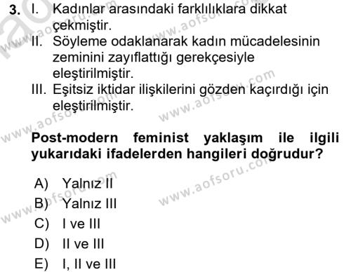 Toplumsal Cinsiyet Çalışmaları Dersi 2015 - 2016 Yılı (Final) Dönem Sonu Sınavı 3. Soru