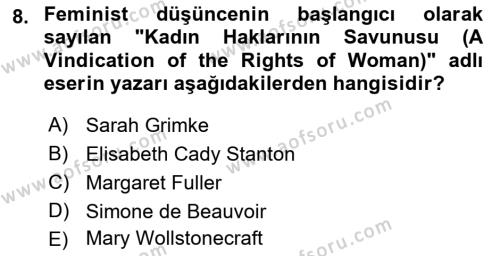 Toplumsal Cinsiyet Çalışmaları Dersi 2021 - 2022 Yılı (Vize) Ara Sınavı 8. Soru