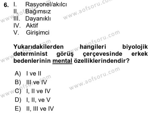 Toplumsal Cinsiyet Çalışmaları Dersi 2021 - 2022 Yılı Yaz Okulu Sınavı 6. Soru