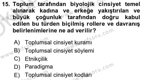 Toplumsal Cinsiyet Çalışmaları Dersi 2022 - 2023 Yılı Yaz Okulu Sınavı 15. Soru