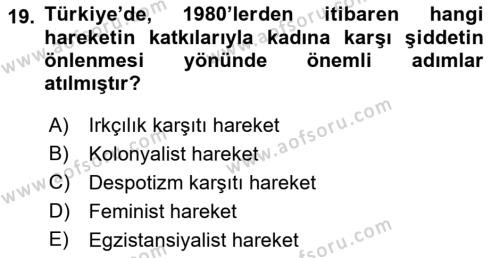 Toplumsal Cinsiyet Çalışmaları Dersi 2022 - 2023 Yılı Yaz Okulu Sınavı 19. Soru