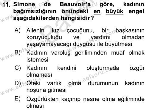 Toplumsal Cinsiyet Çalışmaları Dersi 2023 - 2024 Yılı (Final) Dönem Sonu Sınavı 11. Soru