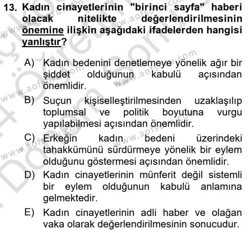 Toplumsal Cinsiyet Çalışmaları Dersi 2023 - 2024 Yılı (Final) Dönem Sonu Sınavı 13. Soru