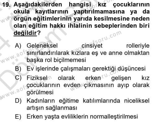 Toplumsal Cinsiyet Çalışmaları Dersi 2023 - 2024 Yılı (Final) Dönem Sonu Sınavı 19. Soru