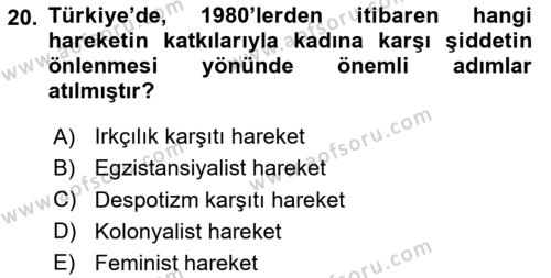 Toplumsal Cinsiyet Çalışmaları Dersi 2023 - 2024 Yılı (Final) Dönem Sonu Sınavı 20. Soru