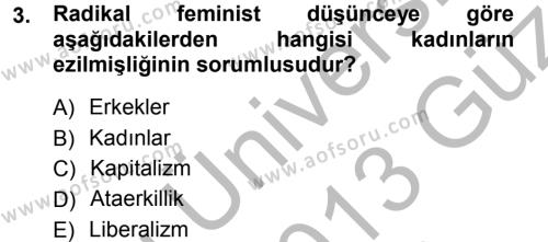 Toplumsal Cinsiyet Sosyolojisi Dersi 2012 - 2013 Yılı (Vize) Ara Sınavı 3. Soru