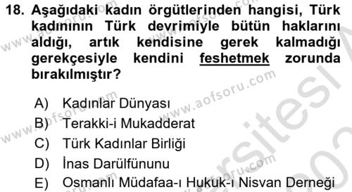 Toplumsal Cinsiyet Sosyolojisi Dersi 2020 - 2021 Yılı Yaz Okulu Sınavı 18. Soru