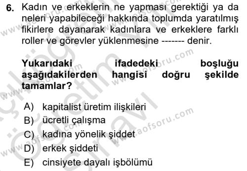 Toplumsal Cinsiyet Sosyolojisi Dersi 2020 - 2021 Yılı Yaz Okulu Sınavı 6. Soru