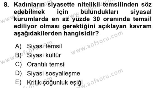 Toplumsal Cinsiyet Sosyolojisi Dersi 2020 - 2021 Yılı Yaz Okulu Sınavı 8. Soru