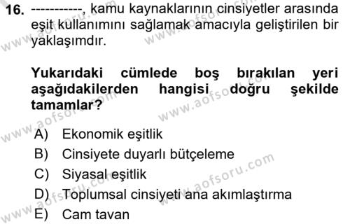 Toplumsal Cinsiyet Sosyolojisi Dersi 2021 - 2022 Yılı (Final) Dönem Sonu Sınavı 16. Soru