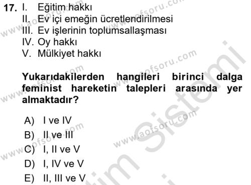 Toplumsal Cinsiyet Sosyolojisi Dersi 2021 - 2022 Yılı (Final) Dönem Sonu Sınavı 17. Soru