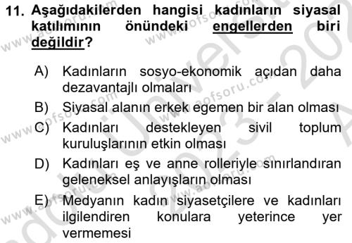 Toplumsal Cinsiyet Sosyolojisi Dersi 2023 - 2024 Yılı (Vize) Ara Sınavı 11. Soru