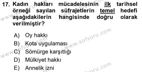 Toplumsal Cinsiyet Sosyolojisi Dersi 2023 - 2024 Yılı (Vize) Ara Sınavı 17. Soru