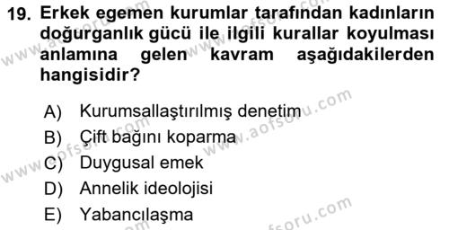 Toplumsal Cinsiyet Sosyolojisi Dersi 2023 - 2024 Yılı (Vize) Ara Sınavı 19. Soru