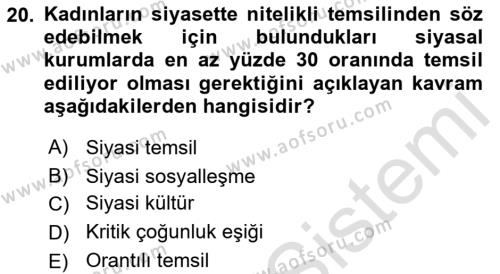 Toplumsal Cinsiyet Sosyolojisi Dersi 2023 - 2024 Yılı (Vize) Ara Sınavı 20. Soru