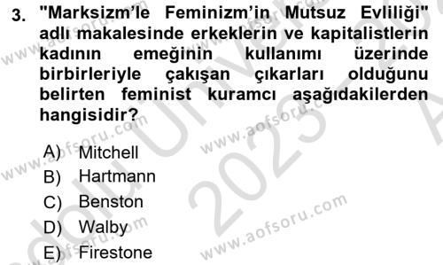 Toplumsal Cinsiyet Sosyolojisi Dersi 2023 - 2024 Yılı (Vize) Ara Sınavı 3. Soru