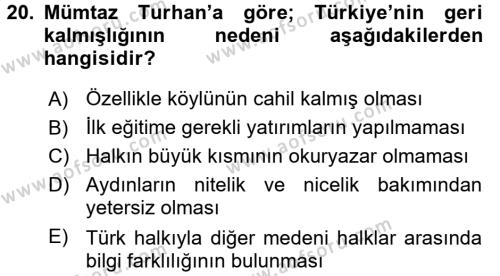 Türk Sosyologları Dersi 2017 - 2018 Yılı 3 Ders Sınavı 20. Soru