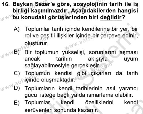 Türk Sosyologları Dersi 2021 - 2022 Yılı (Final) Dönem Sonu Sınavı 16. Soru