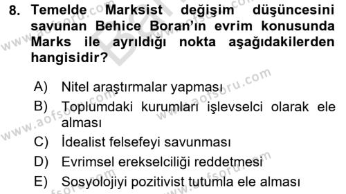 Türk Sosyologları Dersi 2021 - 2022 Yılı (Final) Dönem Sonu Sınavı 8. Soru