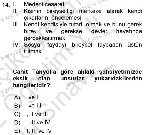 Türk Sosyologları Dersi 2021 - 2022 Yılı Yaz Okulu Sınavı 14. Soru
