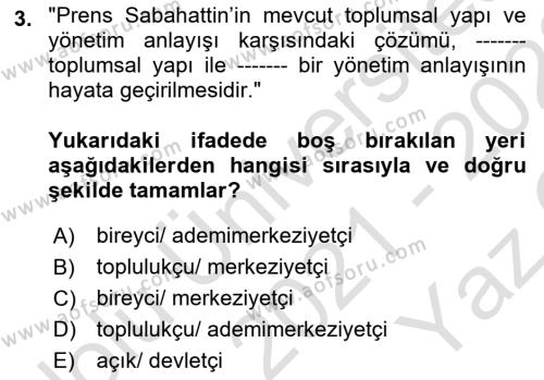 Türk Sosyologları Dersi 2021 - 2022 Yılı Yaz Okulu Sınavı 3. Soru