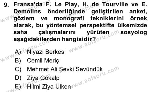 Türk Sosyologları Dersi 2021 - 2022 Yılı Yaz Okulu Sınavı 9. Soru