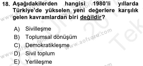 Türkiye´de Sosyoloji Dersi 2015 - 2016 Yılı Tek Ders Sınavı 18. Soru