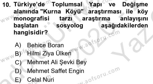 Türkiye´de Sosyoloji Dersi 2020 - 2021 Yılı Yaz Okulu Sınavı 10. Soru