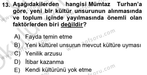 Türkiye´de Sosyoloji Dersi 2020 - 2021 Yılı Yaz Okulu Sınavı 13. Soru