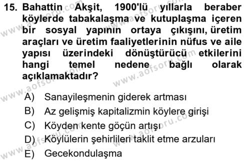 Türkiye´de Sosyoloji Dersi 2020 - 2021 Yılı Yaz Okulu Sınavı 15. Soru