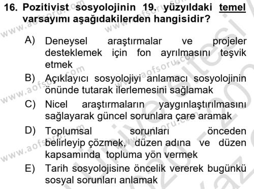 Türkiye´de Sosyoloji Dersi 2020 - 2021 Yılı Yaz Okulu Sınavı 16. Soru