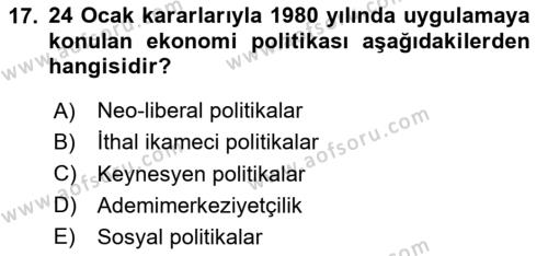 Türkiye´de Sosyoloji Dersi 2020 - 2021 Yılı Yaz Okulu Sınavı 17. Soru