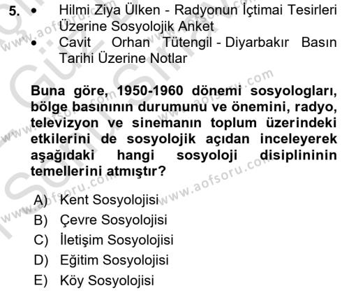 Türkiye´de Sosyoloji Dersi 2021 - 2022 Yılı (Final) Dönem Sonu Sınavı 5. Soru