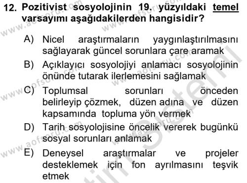 Türkiye´de Sosyoloji Dersi 2021 - 2022 Yılı Yaz Okulu Sınavı 12. Soru