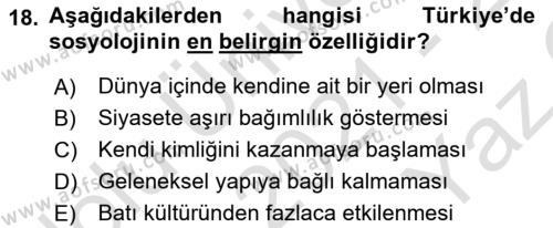 Türkiye´de Sosyoloji Dersi 2021 - 2022 Yılı Yaz Okulu Sınavı 18. Soru