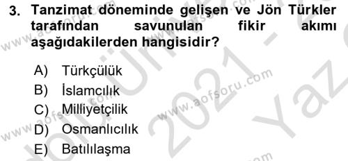 Türkiye´de Sosyoloji Dersi 2021 - 2022 Yılı Yaz Okulu Sınavı 3. Soru