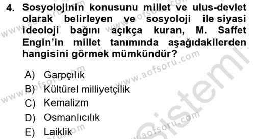 Türkiye´de Sosyoloji Dersi 2022 - 2023 Yılı (Final) Dönem Sonu Sınavı 4. Soru