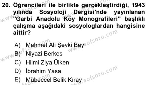 Türkiye´de Sosyoloji Dersi 2024 - 2025 Yılı (Vize) Ara Sınavı 20. Soru