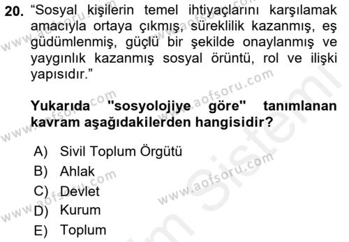 Din ve Toplum Dersi 2018 - 2019 Yılı (Vize) Ara Sınavı 20. Soru