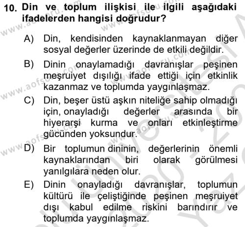 Din ve Toplum Dersi 2020 - 2021 Yılı Yaz Okulu Sınavı 10. Soru