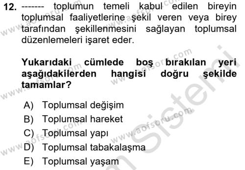 Din ve Toplum Dersi 2020 - 2021 Yılı Yaz Okulu Sınavı 12. Soru