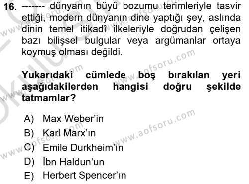 Din ve Toplum Dersi 2021 - 2022 Yılı Yaz Okulu Sınavı 16. Soru