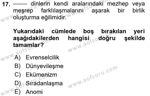 Din ve Toplum Dersi 2021 - 2022 Yılı Yaz Okulu Sınavı 17. Soru