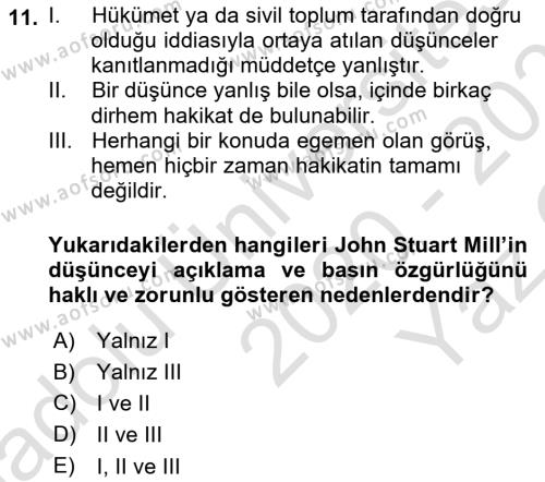 İletişim Sosyolojisi Dersi 2020 - 2021 Yılı Yaz Okulu Sınavı 11. Soru