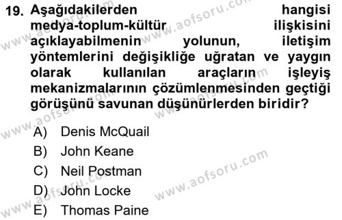 İletişim Sosyolojisi Dersi 2020 - 2021 Yılı Yaz Okulu Sınavı 19. Soru