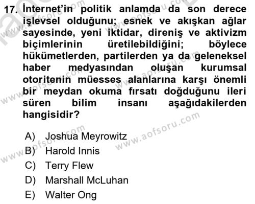 İletişim Sosyolojisi Dersi 2021 - 2022 Yılı (Final) Dönem Sonu Sınavı 17. Soru