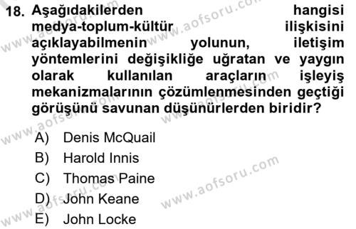 İletişim Sosyolojisi Dersi 2021 - 2022 Yılı Yaz Okulu Sınavı 18. Soru